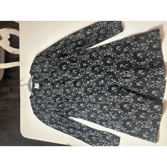 Cabi Black White Lace Print Long Button Coat Jacket Sm Longline Elegant Dressy - Picture 3 of 9